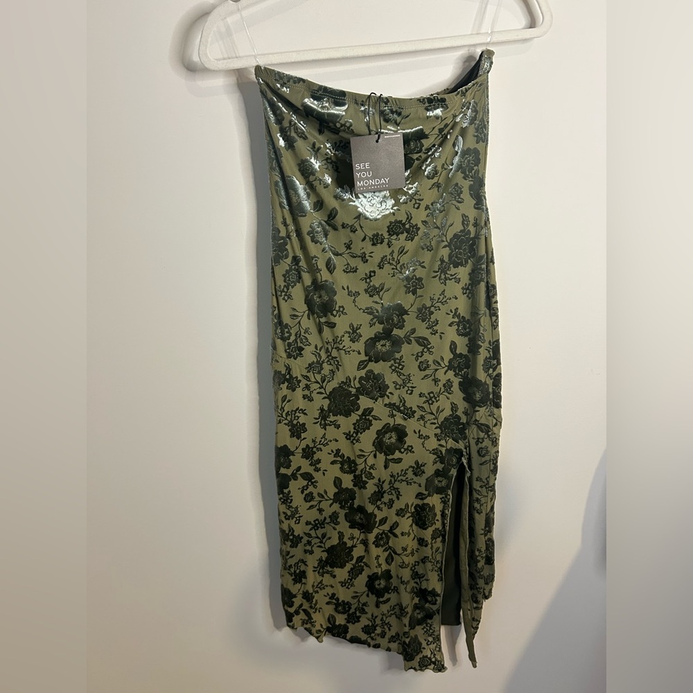 Olive green floral crushed Velvet Strapless midi Dress